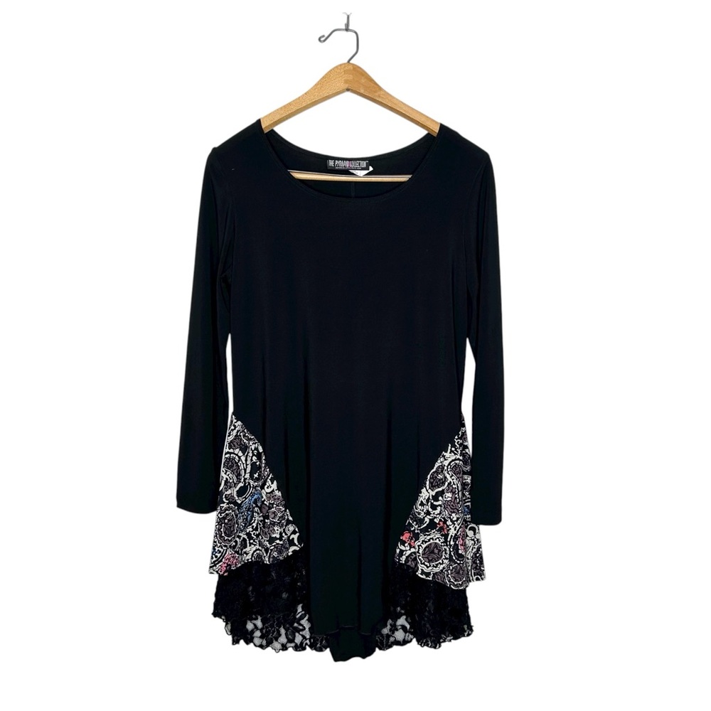 The Pyramid‎ Collection Womens Art To Wear Layered Lace Hem Tunic Blouse Small S